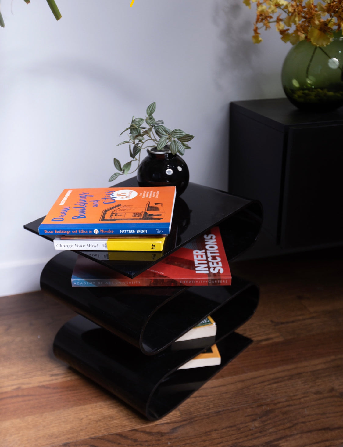 Wobble Black Acrylic End Table & Magazine Storage